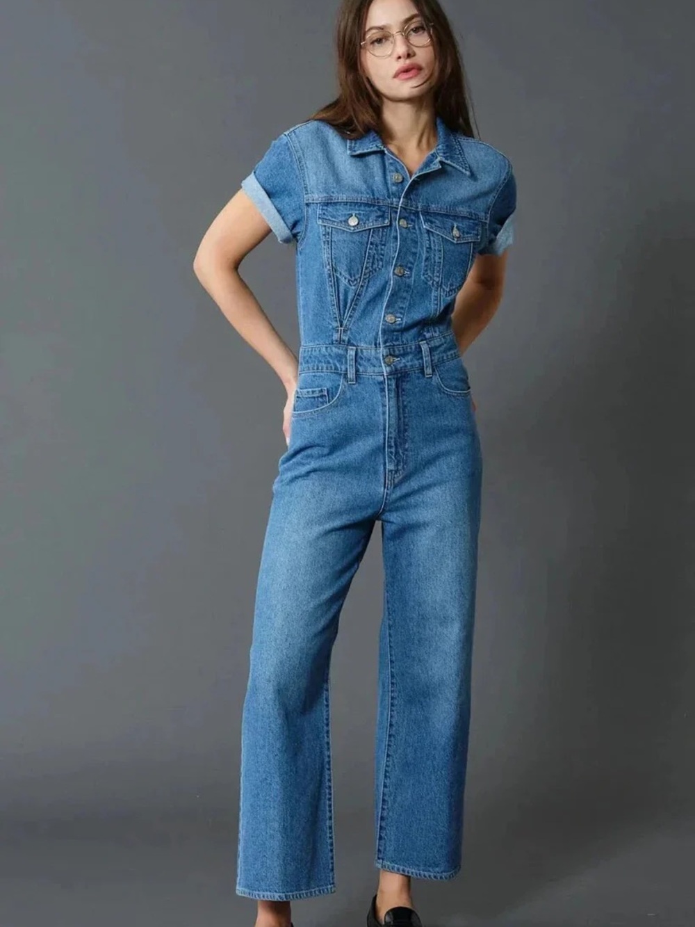 Daze — Blue Denim Short-Sleeve Jumpsuit — High-Waist Straight Leg